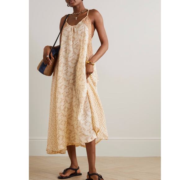 Yvonne S Midi Trapeze Dress 100% Linen Lace Trim Ditzy Floral Print Medium NWOT - Picture 1 of 13